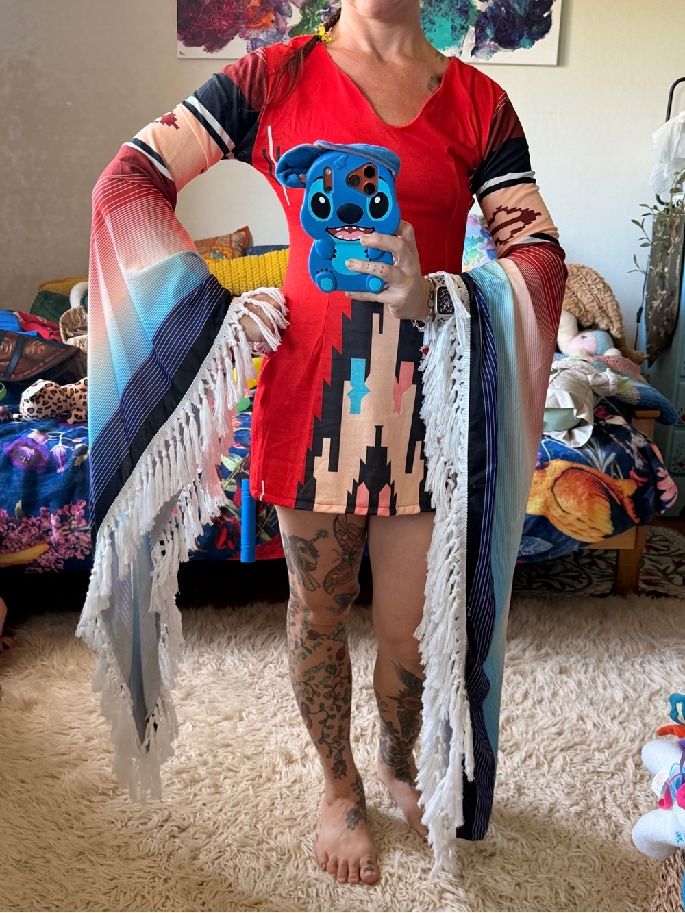 Red Southwestern Geometric Mini Skirt with Bell Sleeves and Tassel Detail